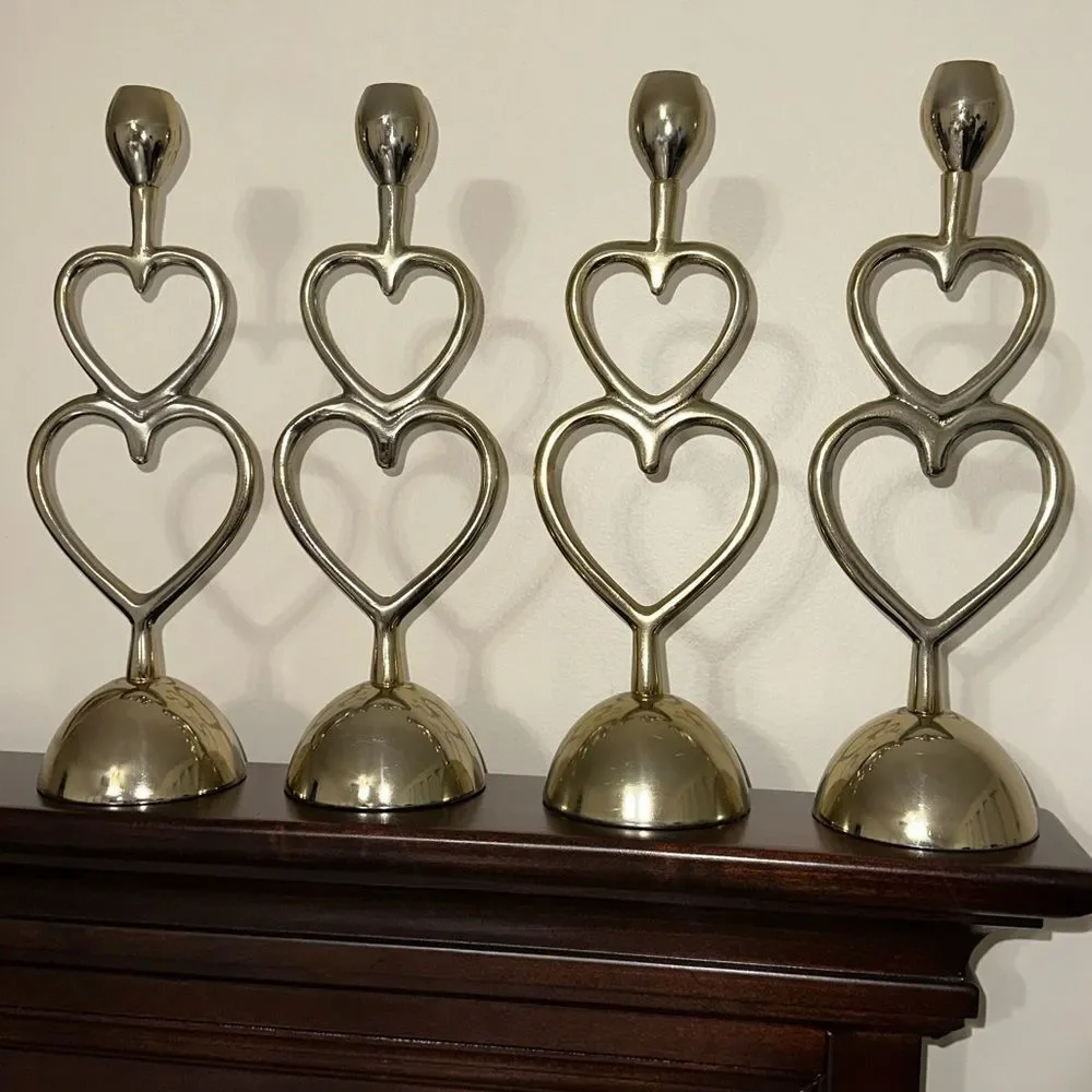 AnthroHome Set of 4 Aluminum Gold Tone Double Heart Medium Candle Holders